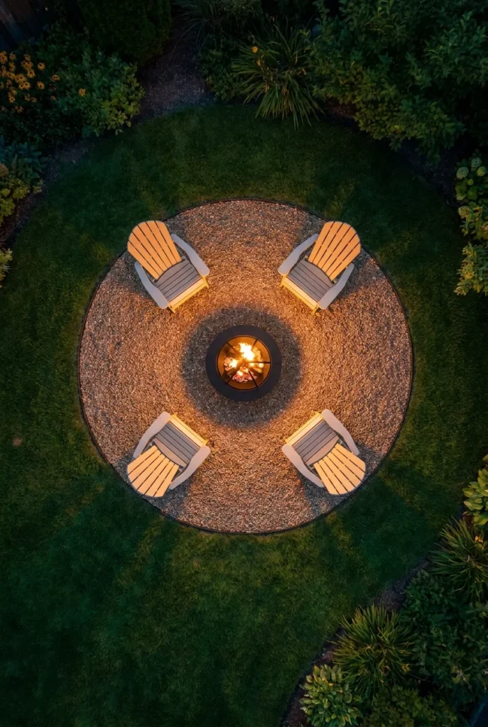 Overhead view of 12 foot DIY fire pit seating area circle with four chairs