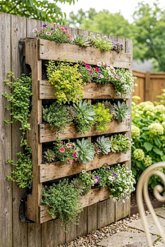 DIY pallet plant wall on a backyard fence planted with herbs and succulents