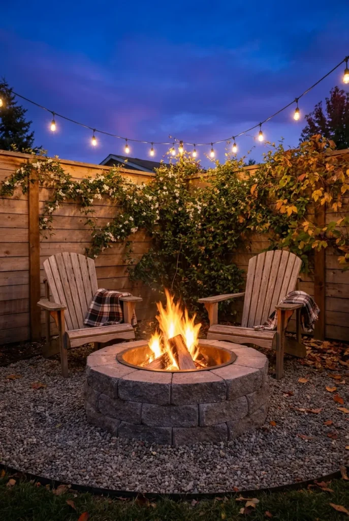 DIY retaining wall block corner fire pit with climbing jasmine on fence