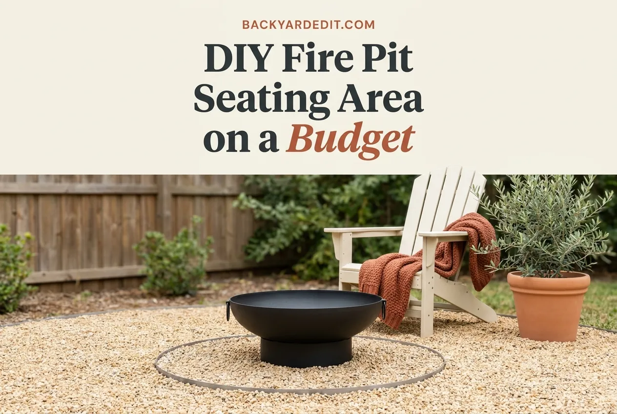 DIY fire pit seating area on a budget with cream Adirondack chair, pea gravel, and sage planter in bright daylight.