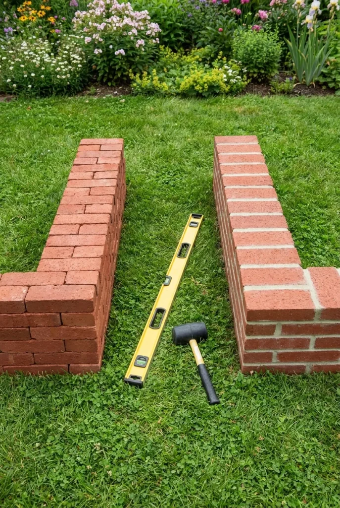 Dry stacked brick raised garden bed wall next to a mortared brick wall comparison
