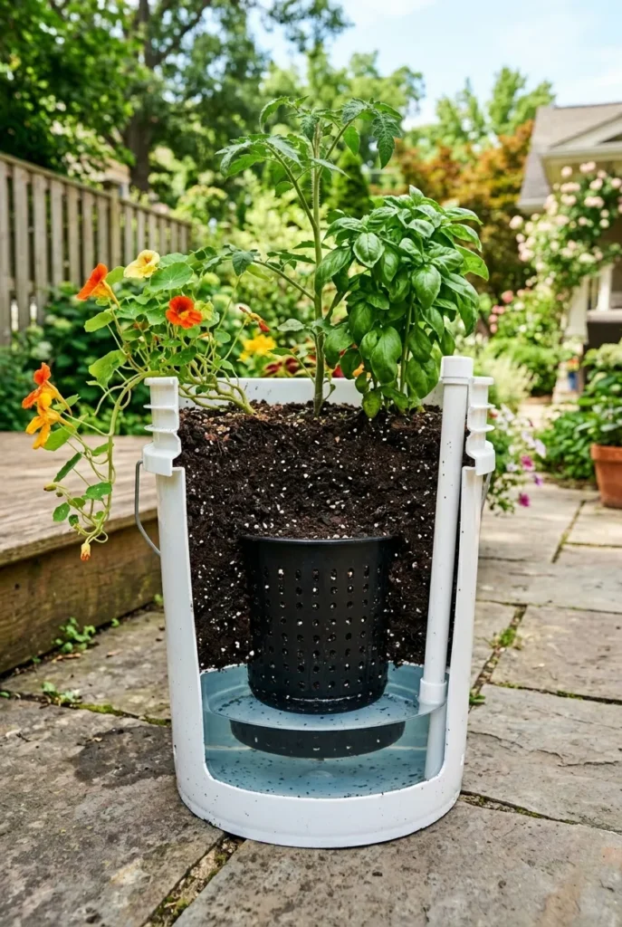 self-watering container garden bucket showing reservoir and wicking cup