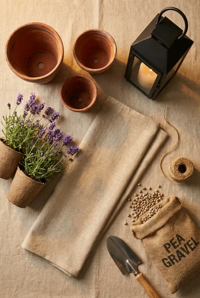 European backyard ideas on a budget supplies flat lay with terra cotta and lavender