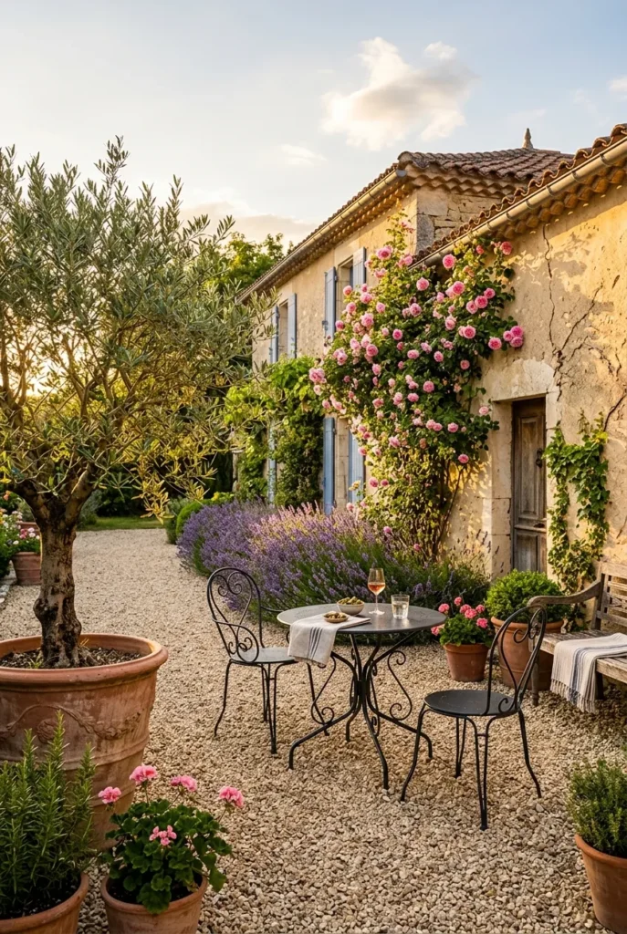 European backyard ideas courtyard with gravel, olive tree, and bistro set