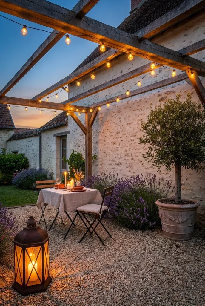 European backyard ideas finished courtyard at dusk with string lights and dining
