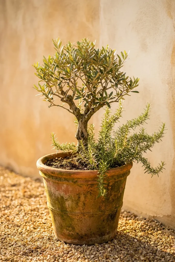 European backyard ideas terra cotta olive tree pot on pea gravel