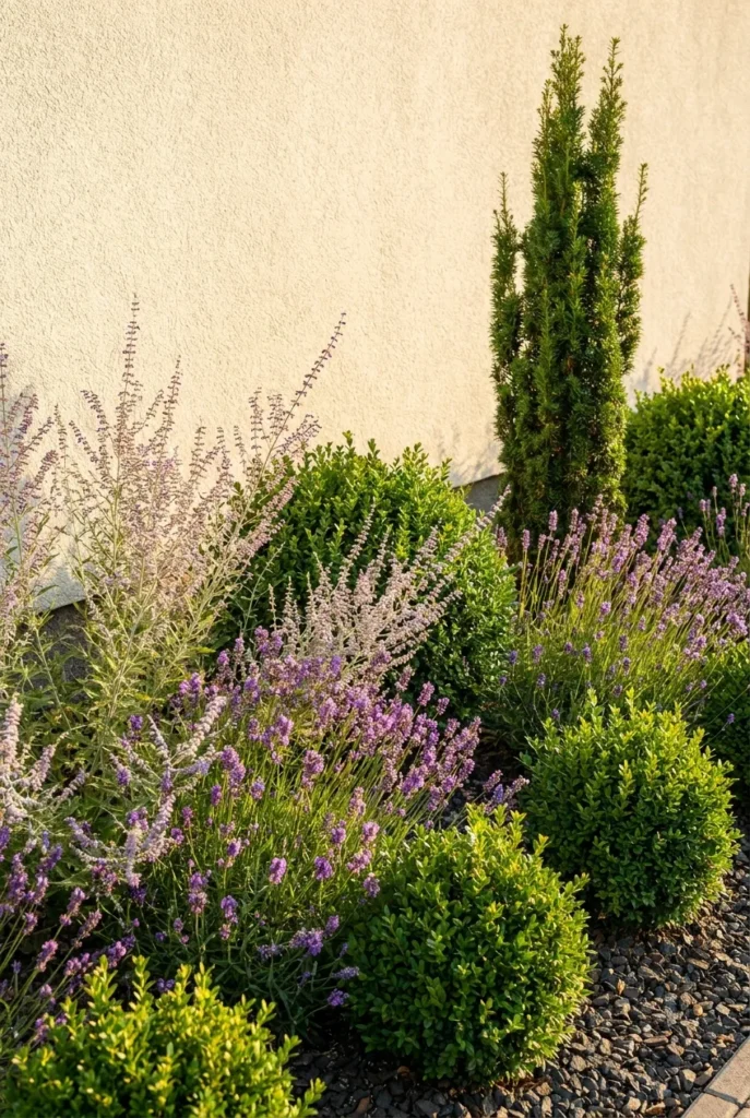 European backyard ideas with lavender, boxwood, and silvery planting palette