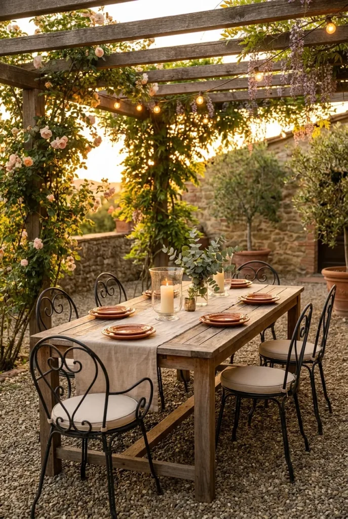 European backyard patio ideas with bistro dining set and linen tablescape