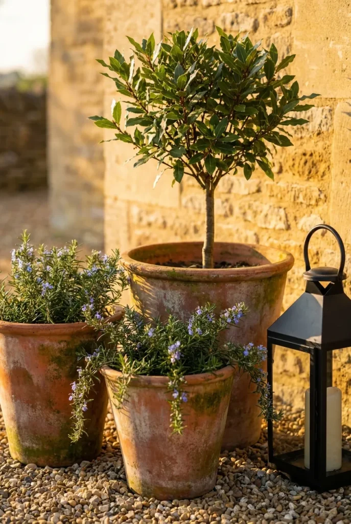 European backyard ideas with terra cotta pots and a black iron lantern
