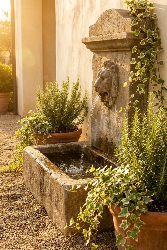European backyard ideas with a small stone wall fountain water feature