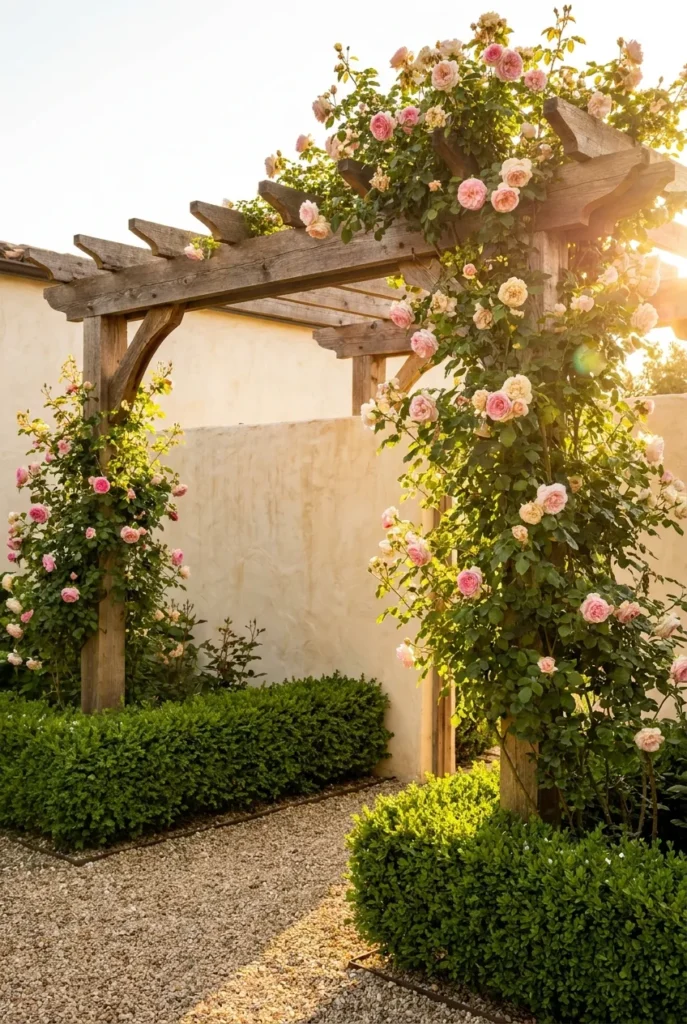 European courtyard backyard ideas with pergola, climbing rose, and boxwood