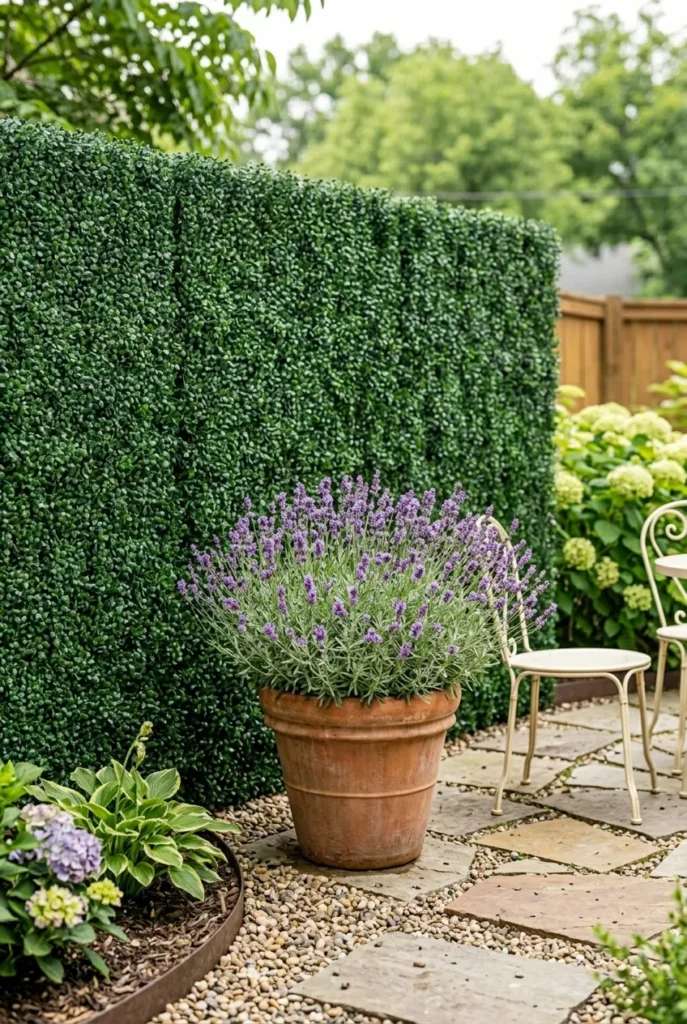 Faux boxwood plant wall on a backyard fence with a real lavender pot in front