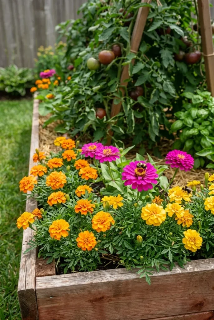 Marigolds and zinnias tucked along the edge of a summer vegetable raised bed.