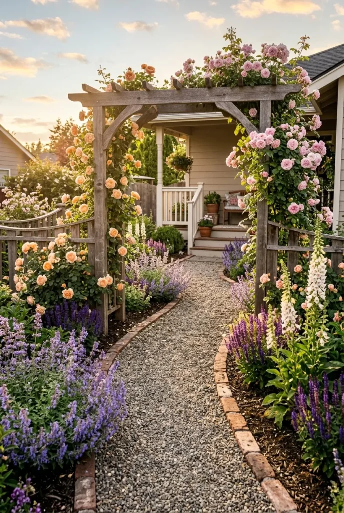front yard cottage garden ideas with gravel path and rose arch