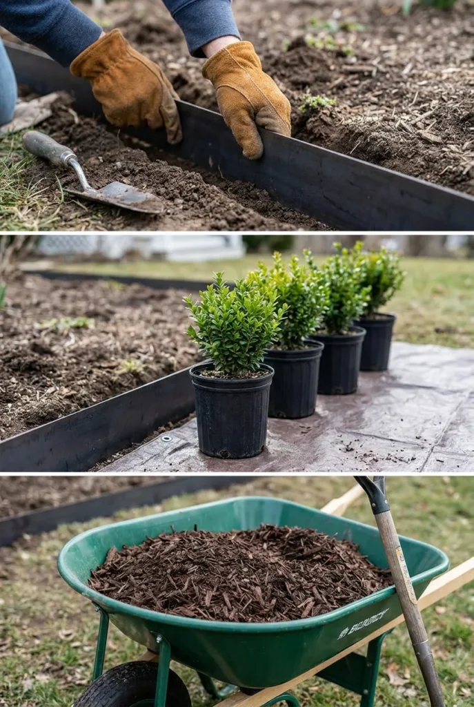 Installing steel edging on a front yard foundation planting bed