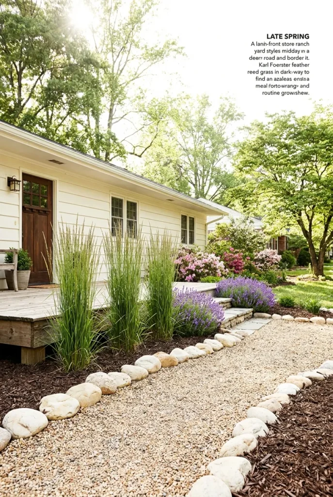 Front yard landscaping ideas on a budget with gravel path, rock mulch border, and lavender
