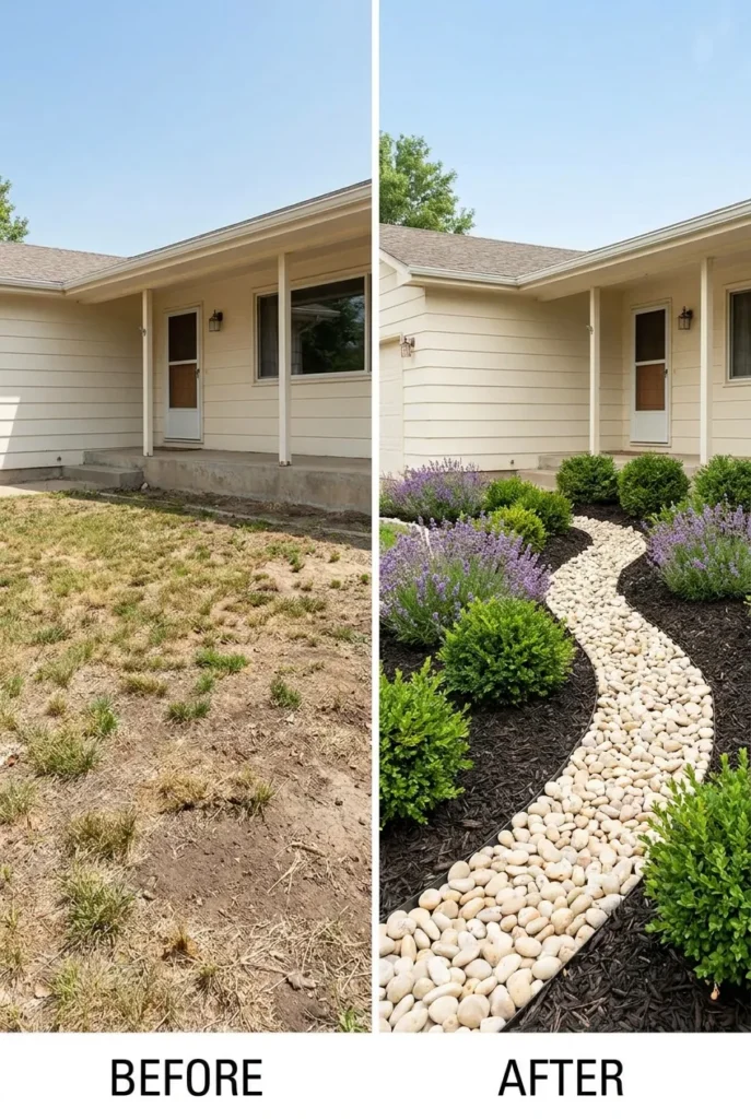 Front yard before and after with rock and mulch landscaping