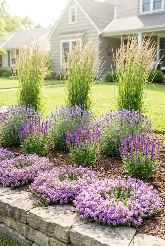 Layered front yard planting bed using the rule of three
