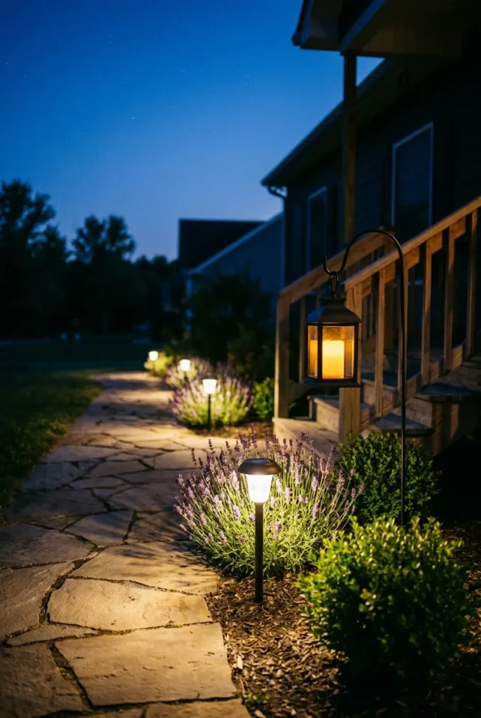 Front walkway lighting ideas with warm solar path lights at dusk