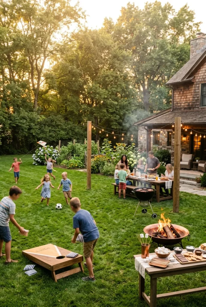 fun backyard cookout ideas for families with cornhole and s'mores