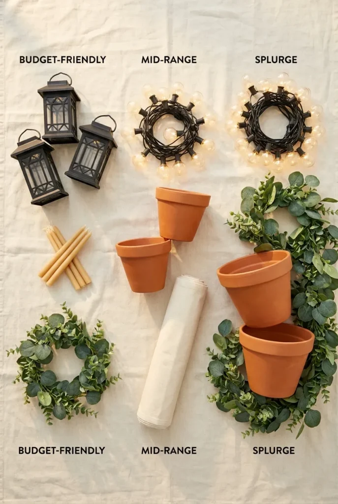 garden party ideas backyard on a budget supplies flat lay by price tier