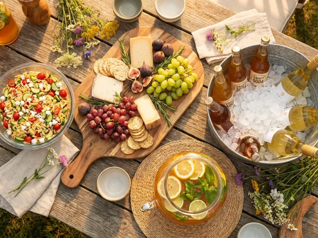 backyard garden party food ideas charcuterie board and drink station