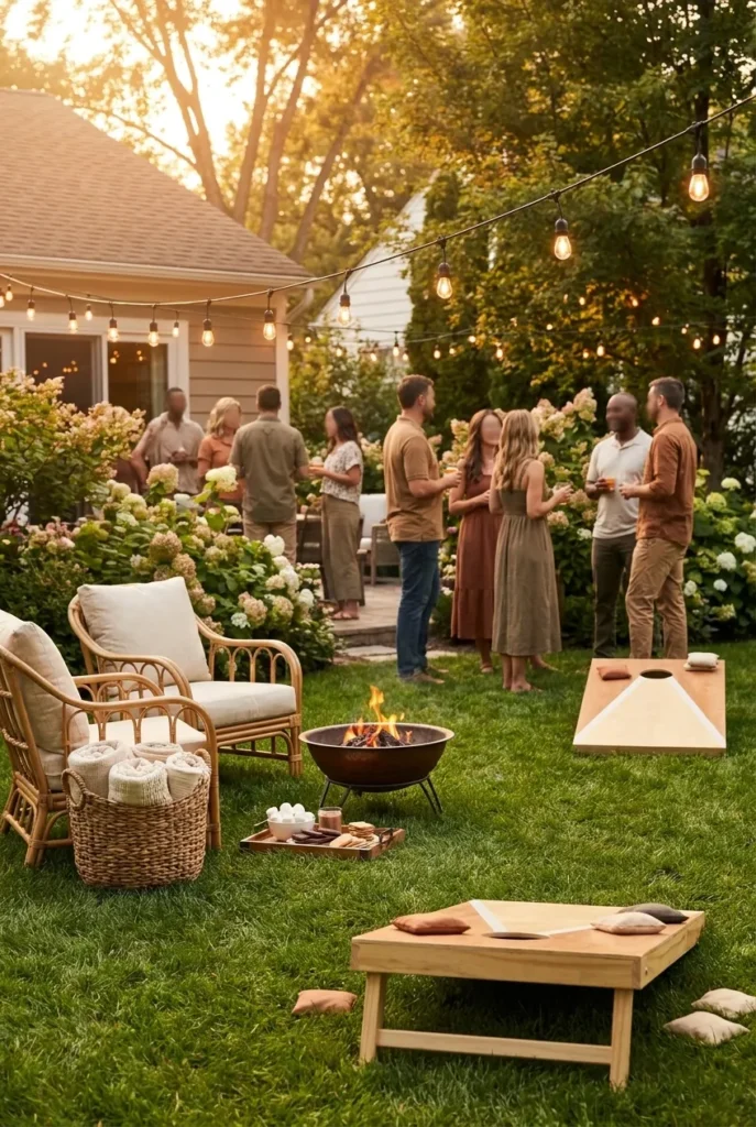 fun backyard garden party ideas with lawn games throws and s'mores at sunset