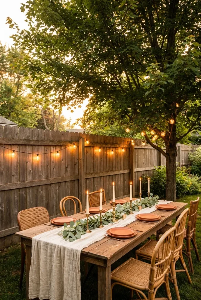 boho garden party ideas backyard with linen runner and string lights at golden hour
