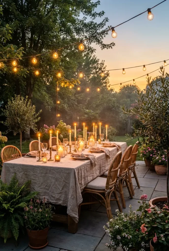 dreamy boho garden party ideas backyard finished setup glowing at dusk