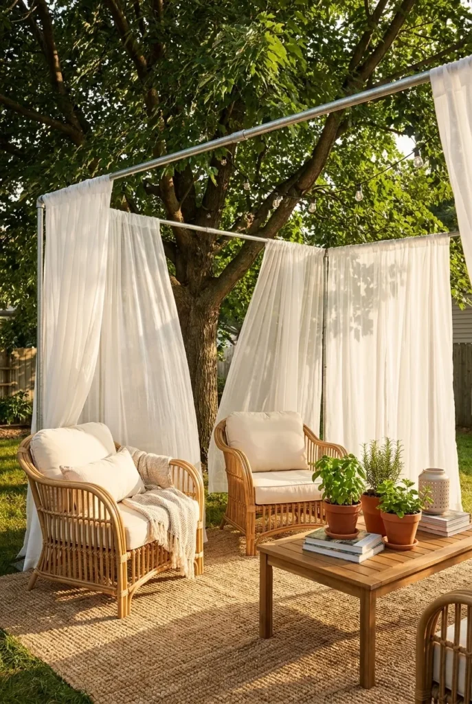 shaded backyard garden party seating with curtains and herbs to keep bugs away