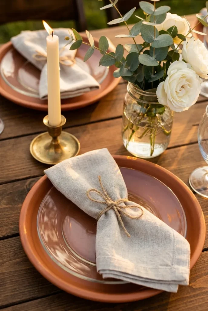 boho garden party table setting with terra cotta plates and eucalyptus centerpiece