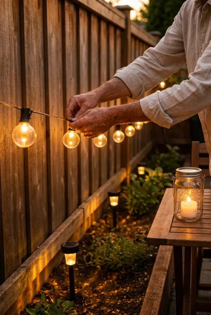 how to hang backyard garden party string lights on a fence with a guide wire