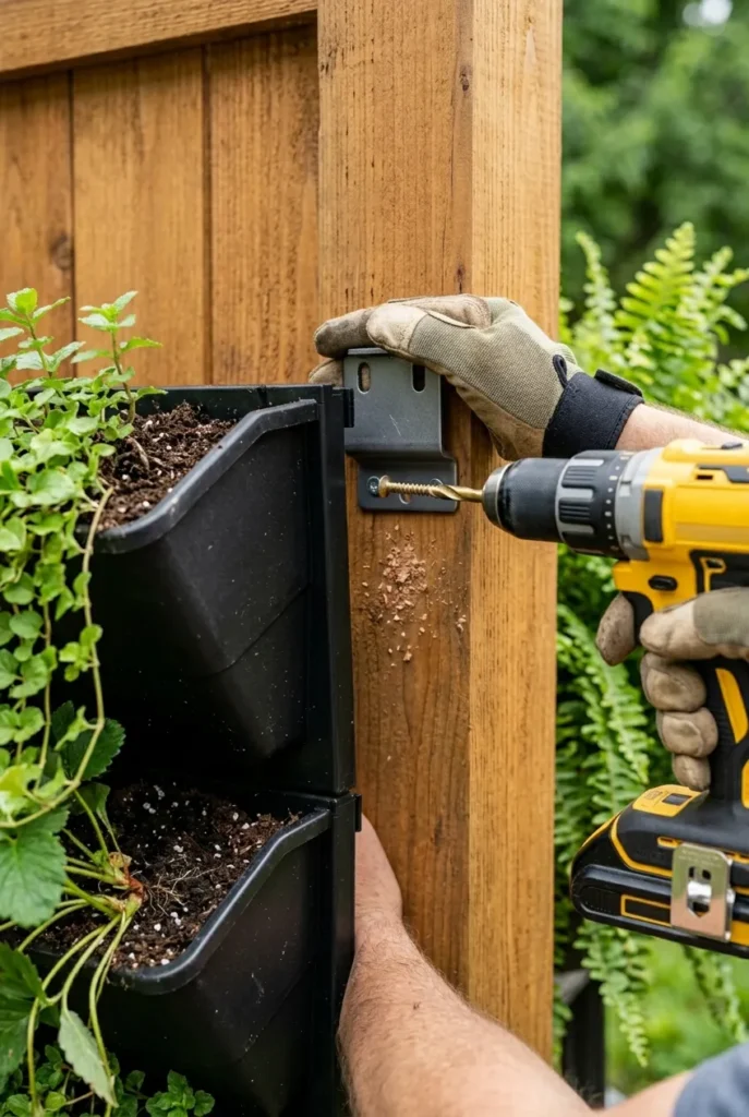 Mounting a backyard plant wall planter onto a fence post with a French cleat