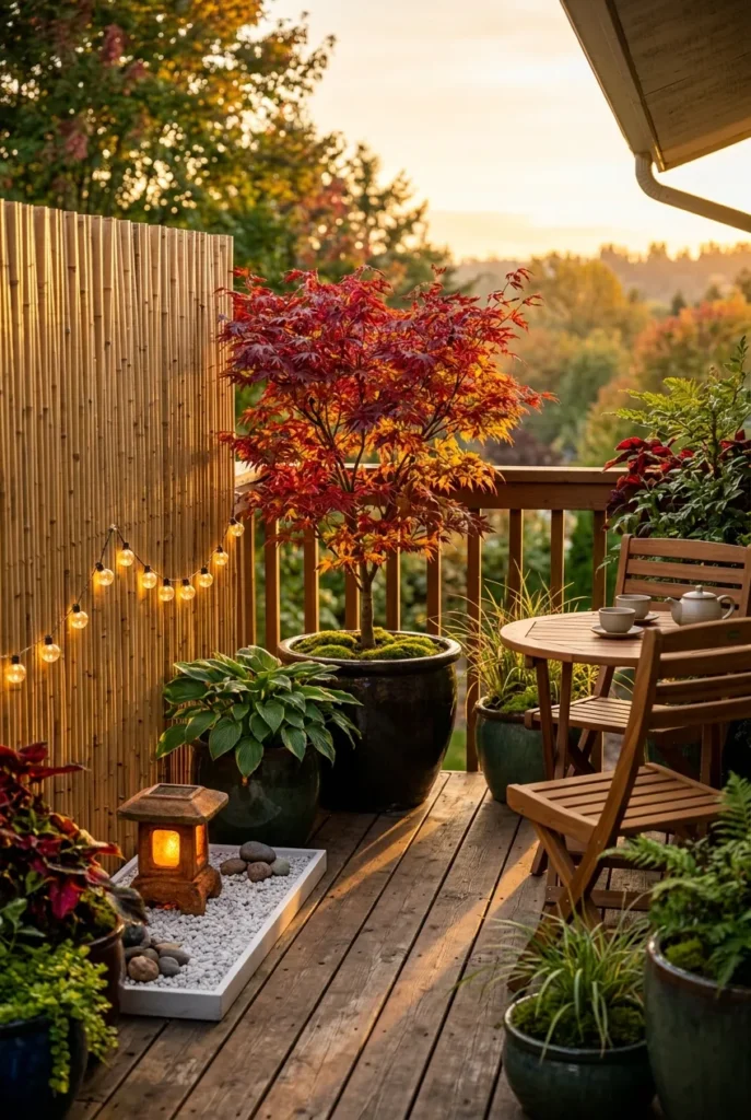 japanese balcony garden autumn aesthetic dwarf japanese maple solar lantern warm string lights and teak bistro set golden hour