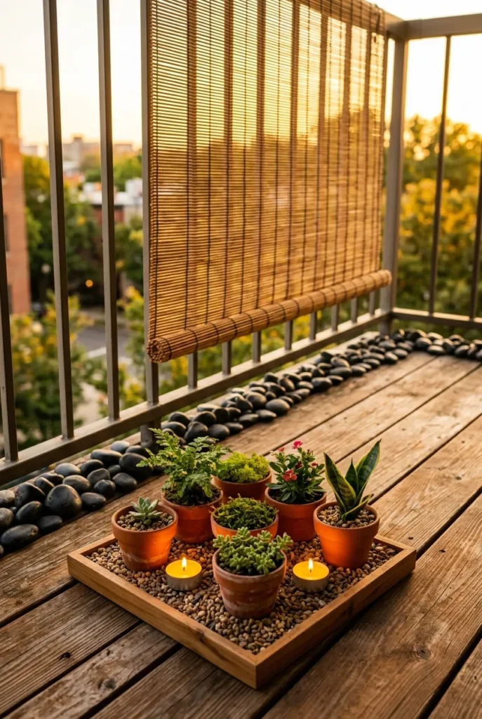 japanese balcony garden on a budget with dollar tree mini terra cotta pots citronella lights cedar gravel tray and bamboo screen