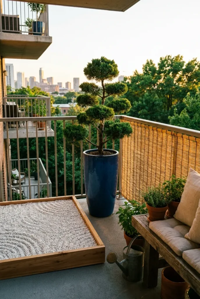 japanese balcony garden design principles showing ma negative space gravel zone bamboo screen and pruned juniper pot