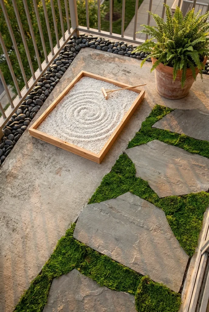 apanese balcony garden ground layer ideas overhead view with white pea gravel tray stepping stones sheet moss and black river rock border