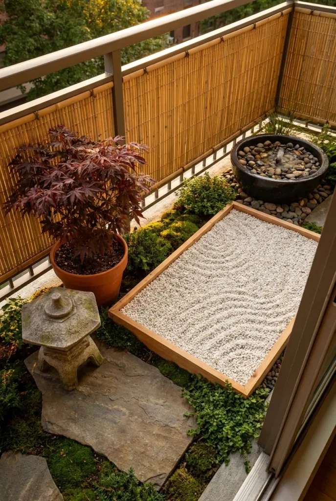 japanese balcony garden with stone lantern bamboo screen and dwarf japanese maple in terra cotta pot overhead view