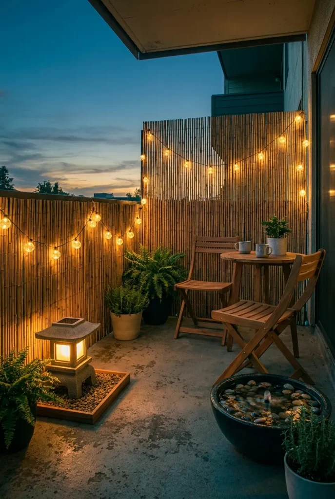 japanese balcony garden mood ideas solar lantern ceramic water bowl warm string lights and teak bistro set at dusk