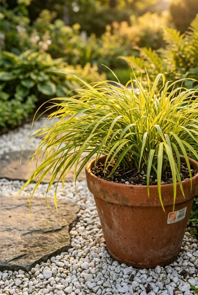 japanese balcony garden full sun plants japanese forest grass in terra cotta pot on white pea gravel