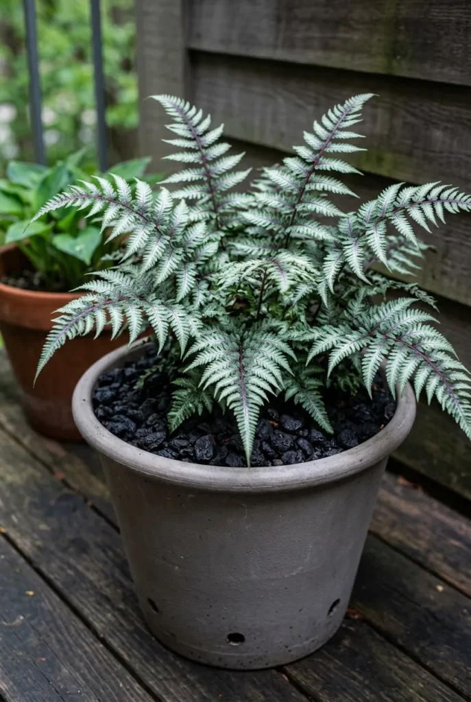 japanese balcony garden shade plants japanese painted fern in bloem terra pot with black lava rock mulch espoma soil