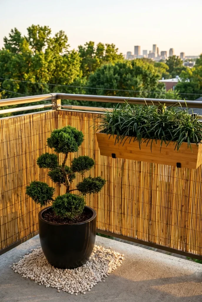 japanese balcony garden vertical ideas bamboo roll screen cloud pruned juniper ceramic pot and railing planter box