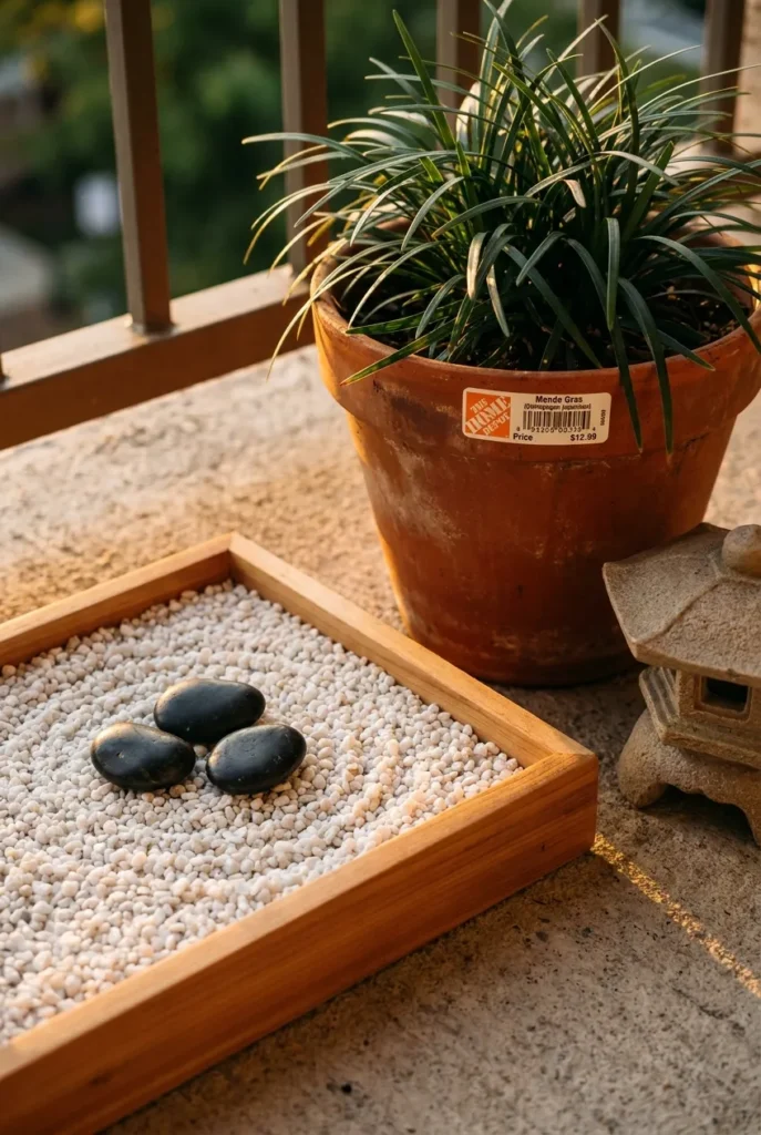 japanese zen garden balcony close up with karesansui gravel tray terra cotta pot mondo grass and stone lantern