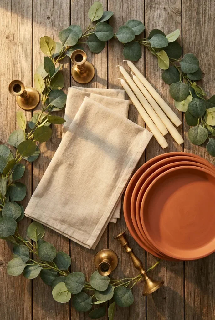 late summer tablescape base kit flat lay with linen and candles