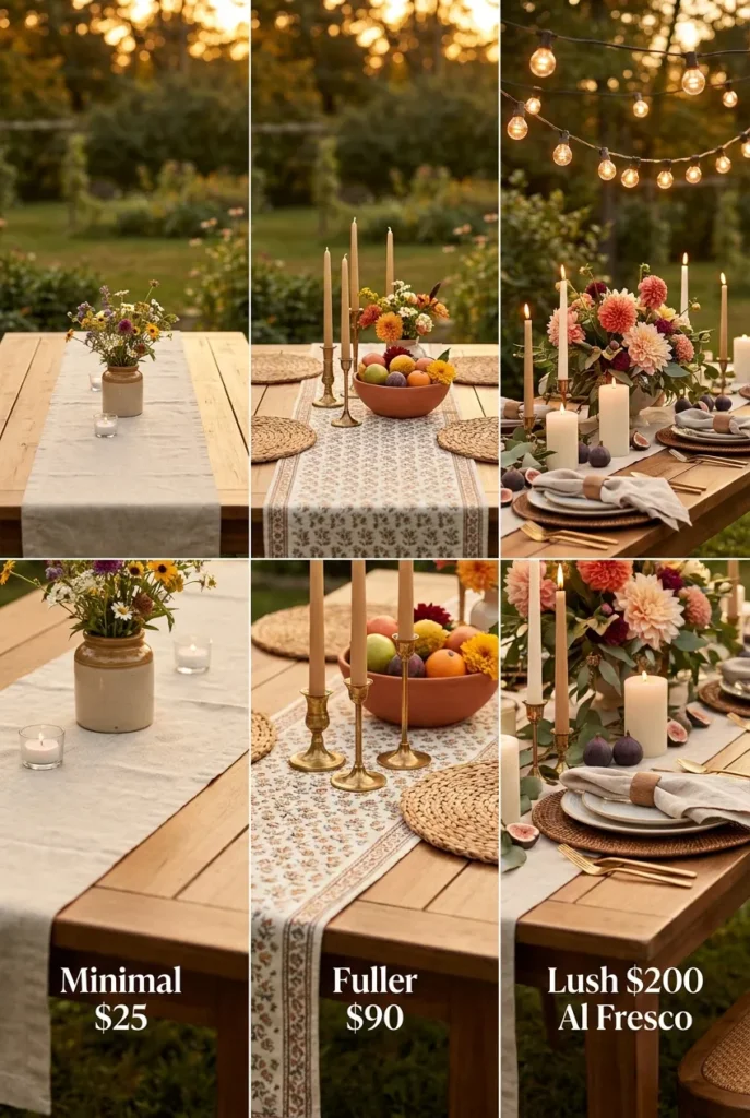late summer tablescape budget tiers compared side by side