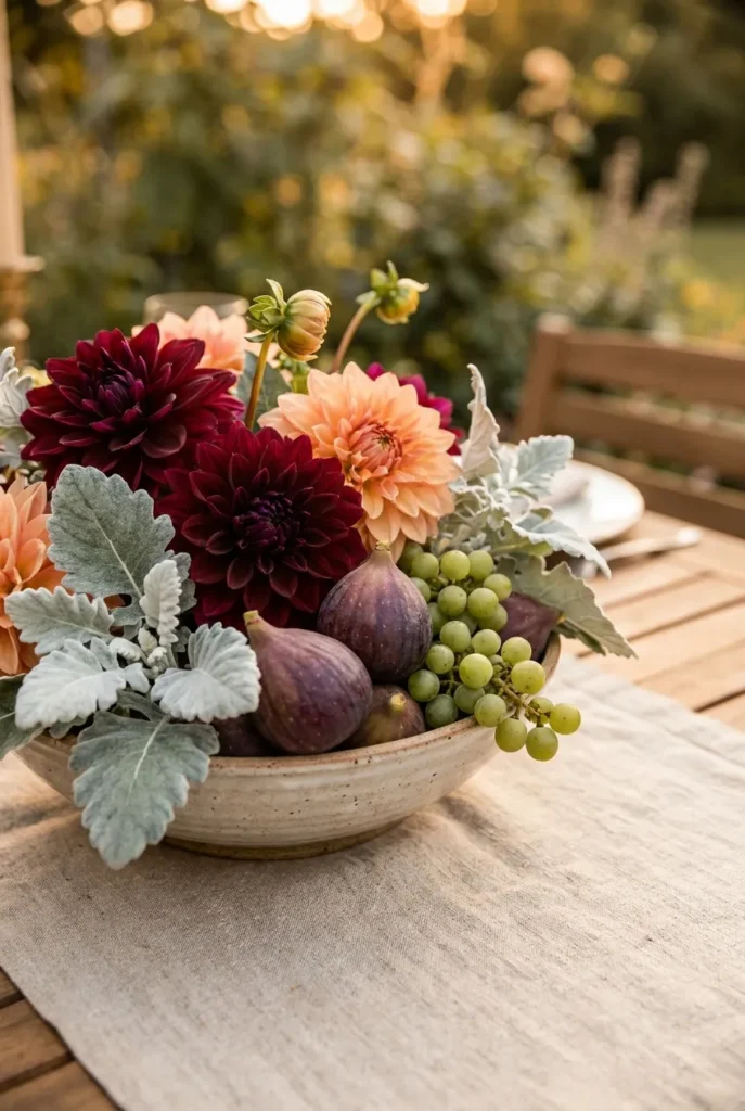 late summer tablescape centerpiece with dahlias figs and grapes