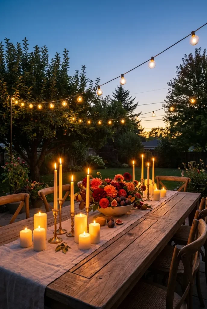 late summer tablescape at dusk with candles and string lights
