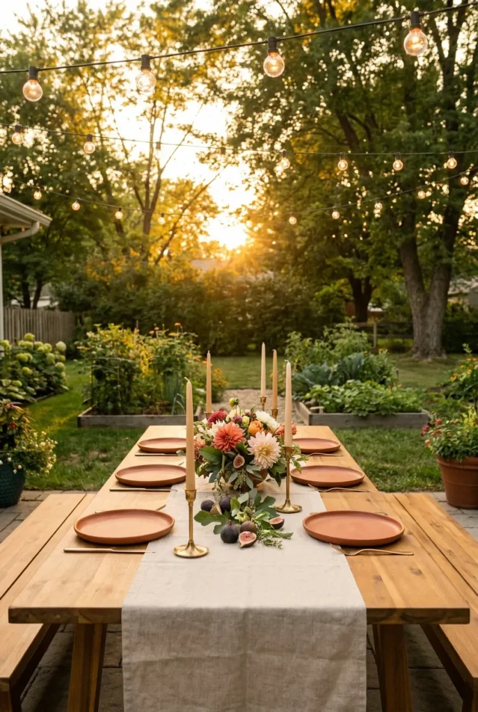 late summer tablescape on acacia backyard table at golden hour
