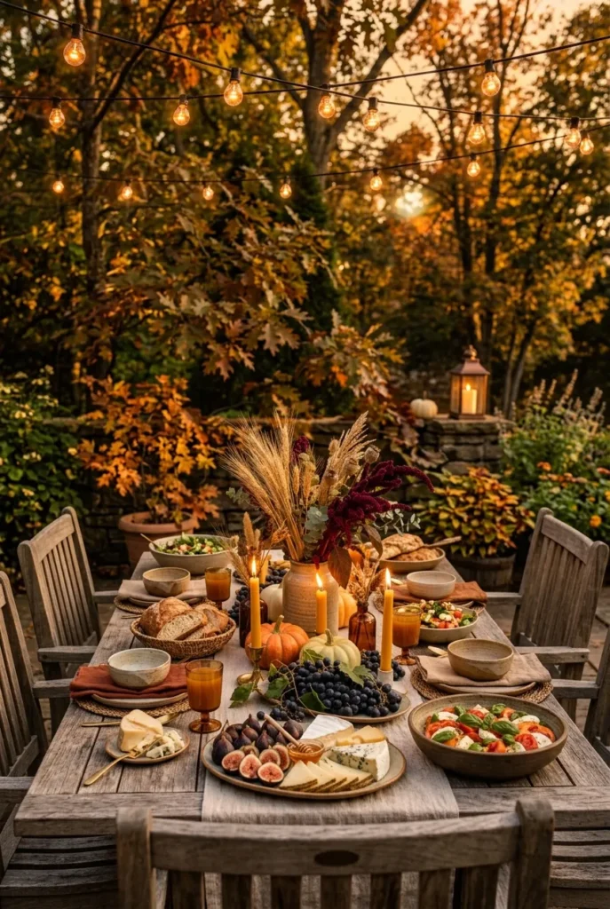 cozy late summer tablescape glowing at last light in the backyard