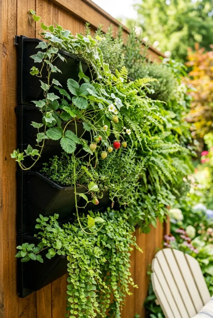Close-up of a backyard living plant wall with trailing greenery on a fence